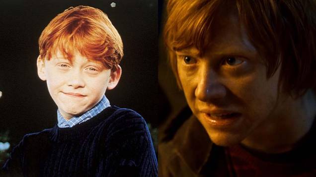 Rupert Grint como Ron em <em>Harry Potter e a Pedra Filosofal</em>, de 2001, e em <em>Harry Potter e as Relíquias da Morte: Parte 2</em>, de 2011