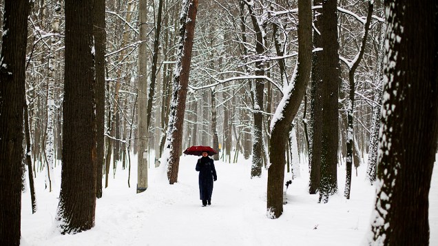 Mulher caminha em parque coberto por neve em Moscou. O mau tempo, que deve durar até a sexta-feira (30), cancelou mais de 70 voos e causou transtornos em estradas