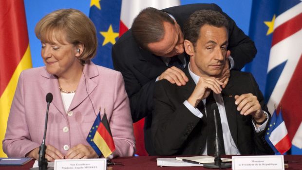 Merkel, chanceler alemã, Sarkozy, presidente francês e Berlusconi, premiê italiano