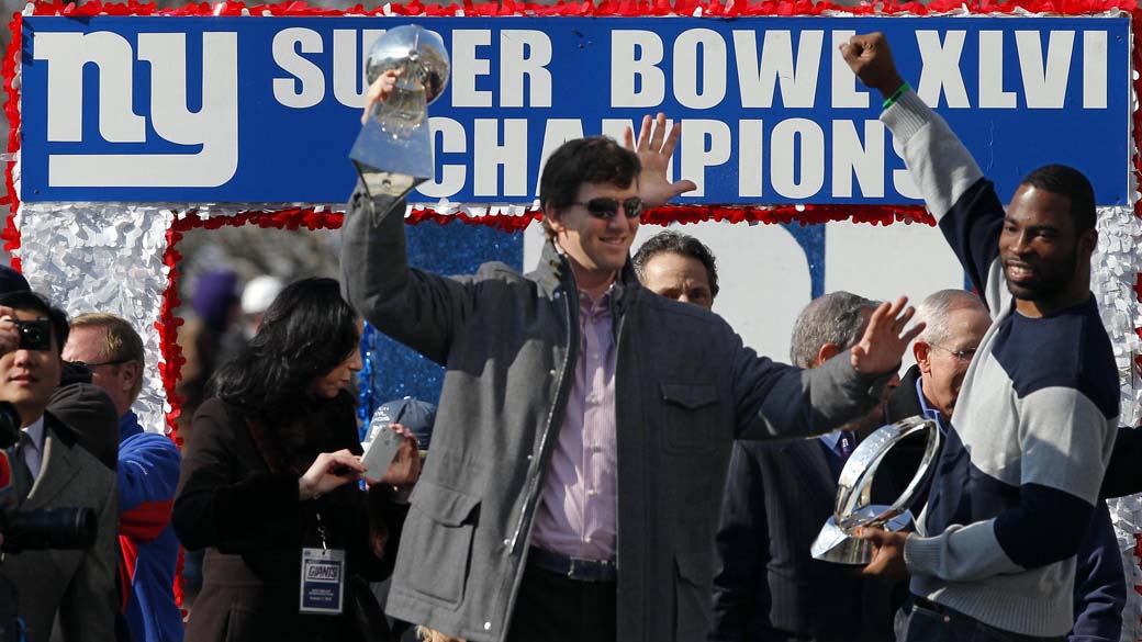Time 'New York Giants' comemora vitória no Super Bowl, em Nova York
