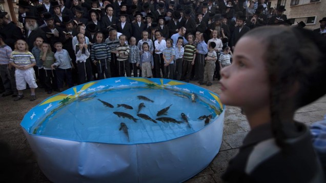 Judeus ultra-ortodoxos durante o ritual Tashlich, em Israel