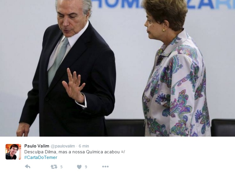 Tweet sobre a carta que Michel Temer enviou à presidente Dilma Rousseff