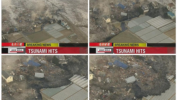 Montagem mostra estragos causados pela chegada do tsunami na cidade costeira de Sendai.