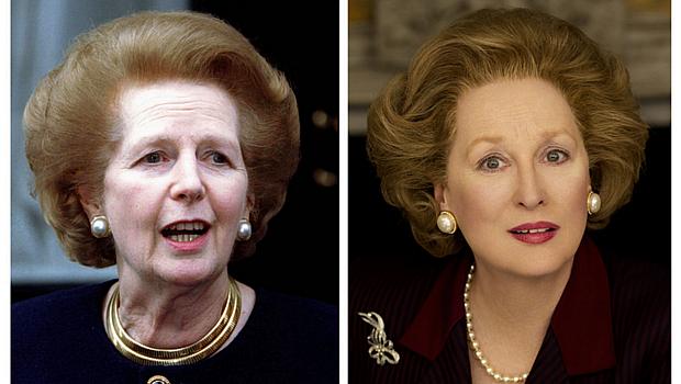 À esquerda, a ex-primeira-ministra britânica Margaret Thatcher, e, à direita, a atriz Meryl Streep caracterizada como a ex-governante no filme 'A Dama de Ferro'