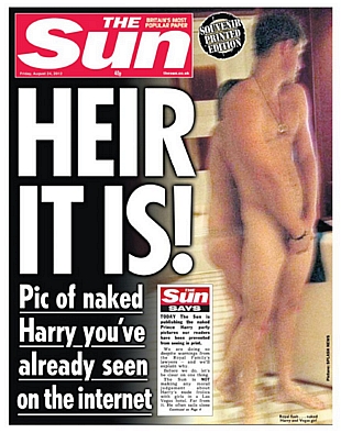 Capa do jornal 'The Sun' com a foto do príncipe nu: o herdeiro está aqui