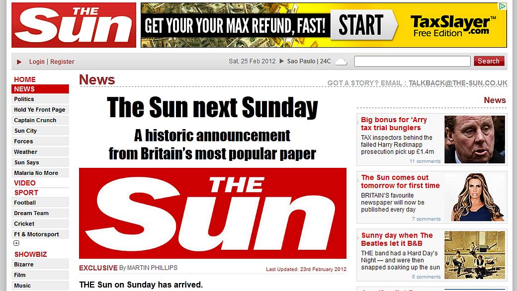Reprodução do anúncio da chegada do 'The Sun on Sunday'