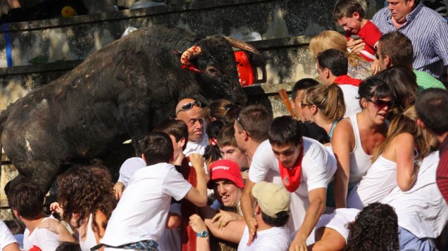 Em Tafalla, no norte da Espanha, um touro saltou nas arquibancadas durante tourada e feriu cerca de 40 pessoas que assistiam ao espetáculo (foto realizada nesta quarta-feira e disponibilizada hoje)