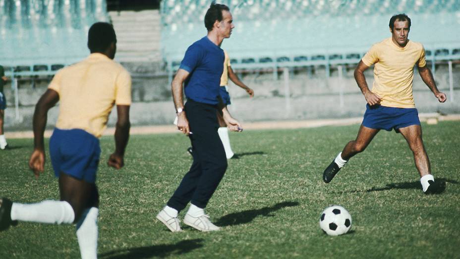Pelé, o técnico Zagallo e Gérson durante treino da seleção para a Copa do Mundo do México-1970