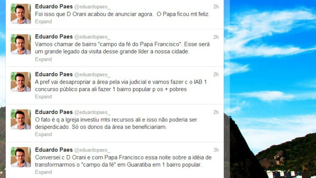 Twitter de Eduardo Paes anuncia desapropriação do Campo da Fé