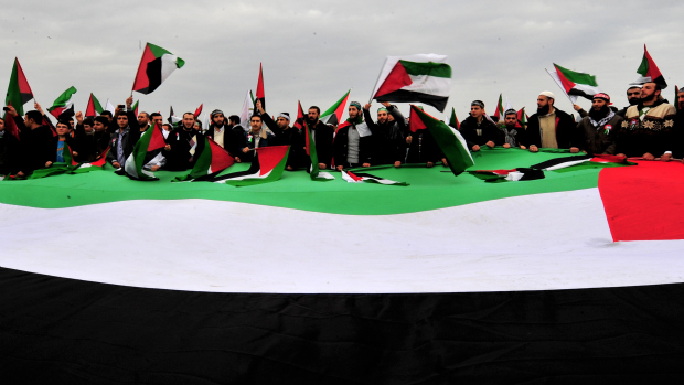 Manifestantes turcos levam uma bandeira palestina ao porto de Istambul, onde o navio Mavi Marmara chegou este domingo