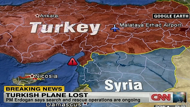 Imagem da rede CNN mostra local da queda do caça na fronteira entre a Turquia e a Síria