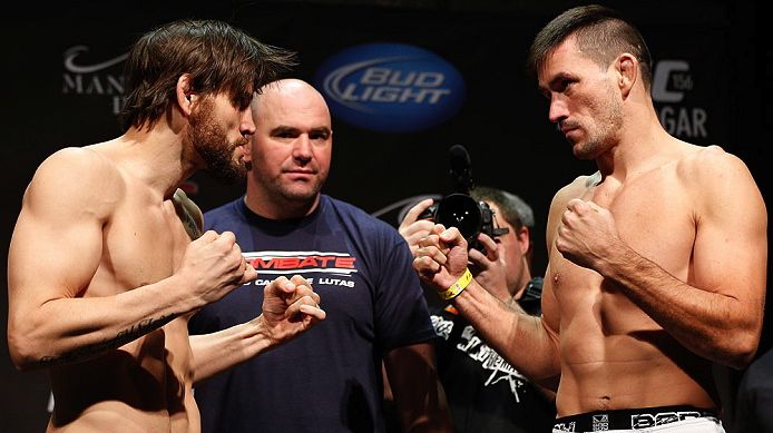 Jon Fitch e Demian Maia na pesagem do UFC 156, em Las Vegas