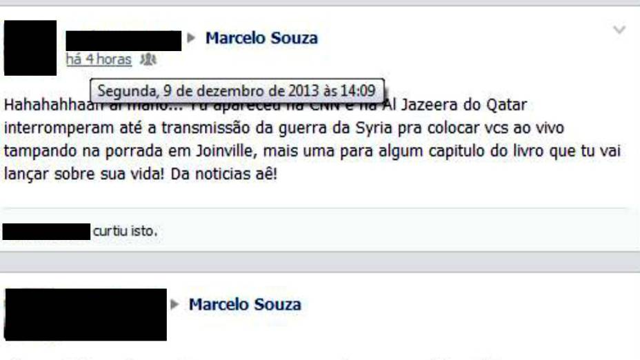 Mensagem deixada na página de Marcelo Souza, elogiando a atuação na briga em Joinville
