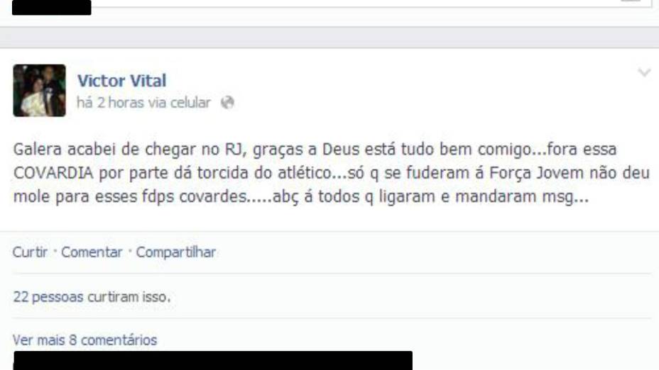 Mensagem escrita no Facebook por Victor Vital: comemoração da atuação dos vascaínos na pancadaria