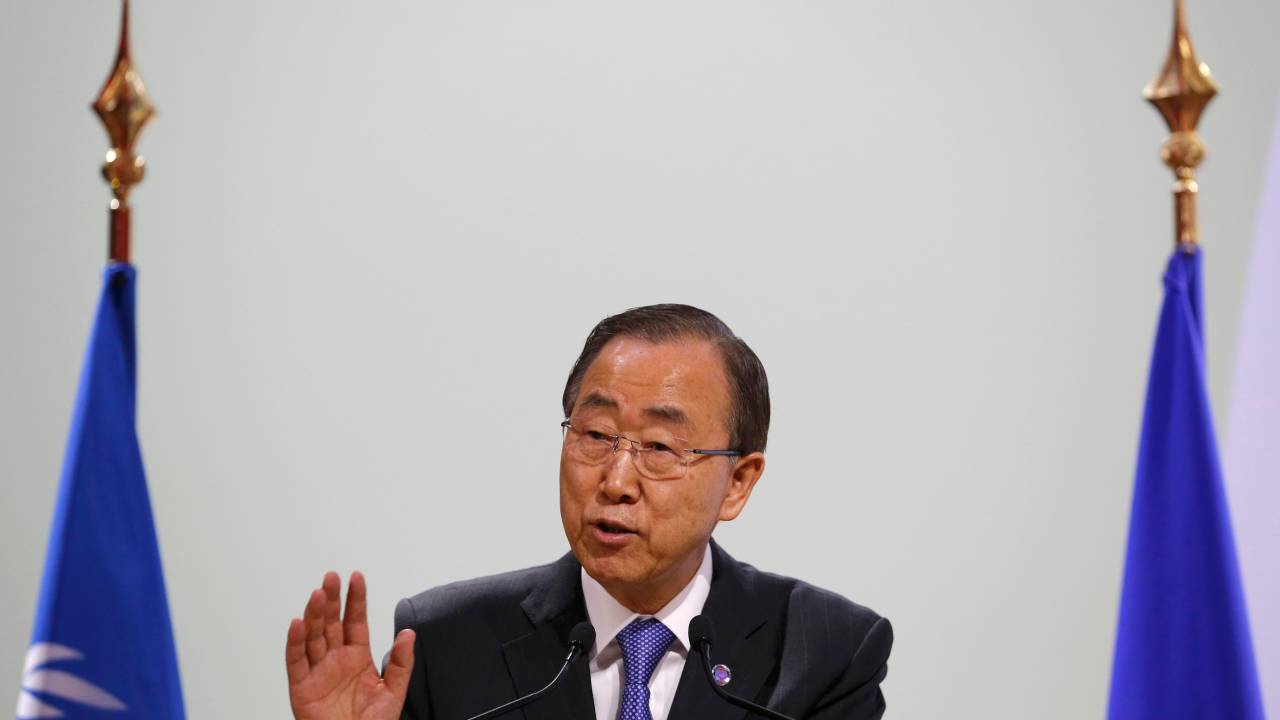 O secretário-geral das Nações Unidas, Ban Ki-Moon, em dircuso durante o início da última semana da Cúpula do Clima