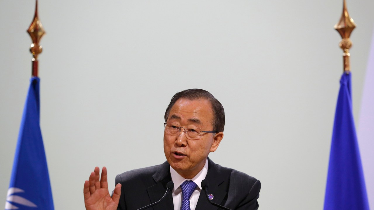 O secretário-geral das Nações Unidas, Ban Ki-Moon, em dircuso durante o início da última semana da Cúpula do Clima
