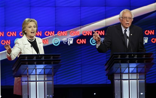 Debate entre os pré-candidatos democratas Hillary Clinton e Bernie Sanders, realizado em Nova York no dia 14 de abril