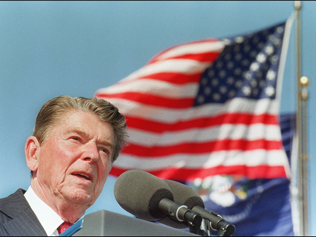 O ex-presidente dos Estados Unidos Ronald Reagan, durante discurso na Califórnia em 1991