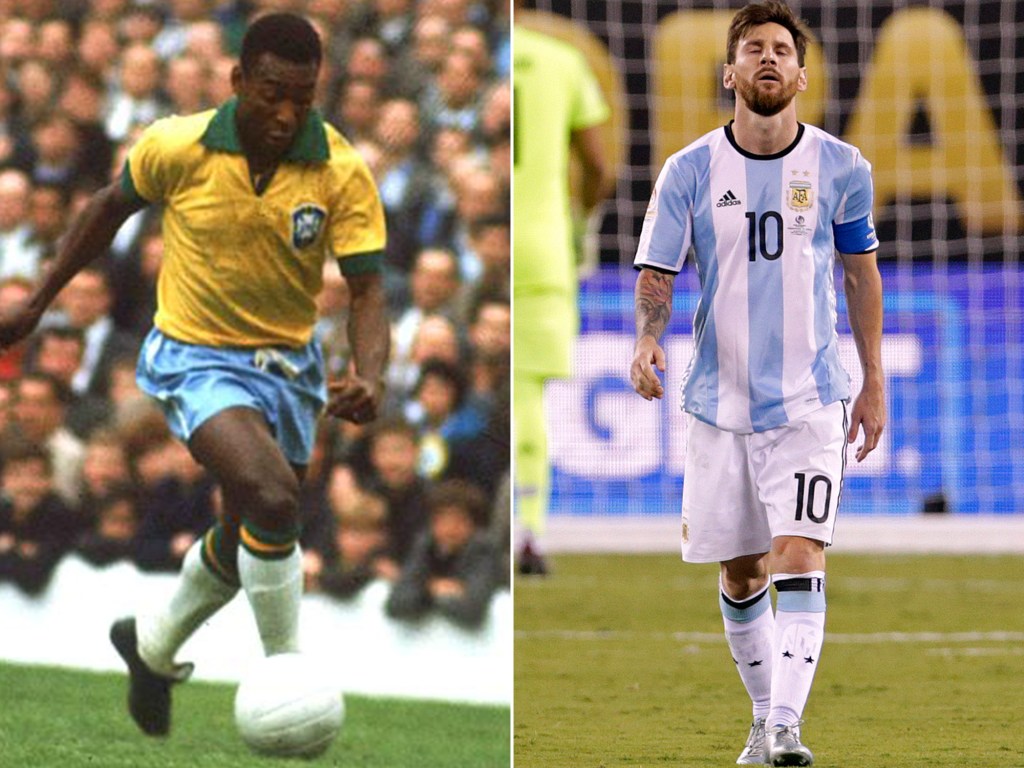 Pelé na Copa do Mundo de 1966 e Lionel Messi na Copa América Centenário de 2016