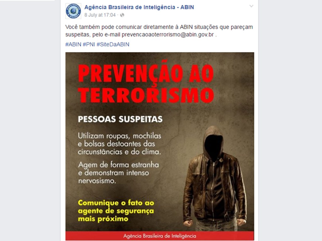 Post Abin informa as características de uma pessoa suspeita de terrorismo