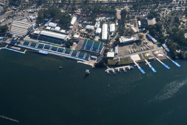 Vista aérea do Estádio Lagoa que vai acolher as competições de remo e canoagem durante os Jogos Olímpicos Rio 2016, na Lagoa Rodrigo de Freitas