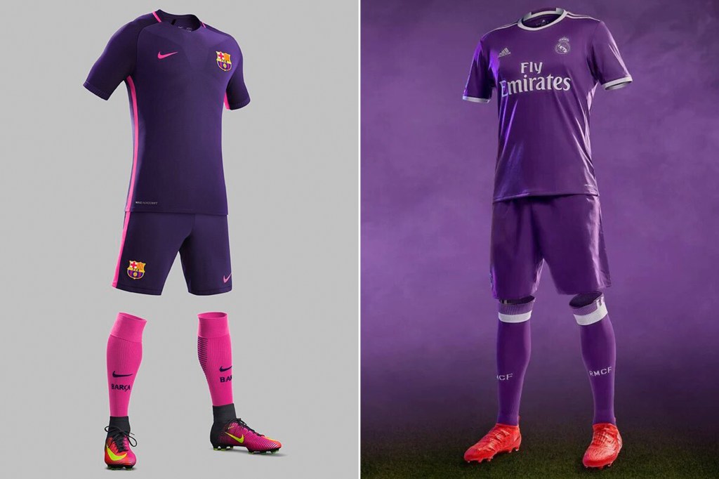 Uniformes roxos de Barcelona e Real Madrid