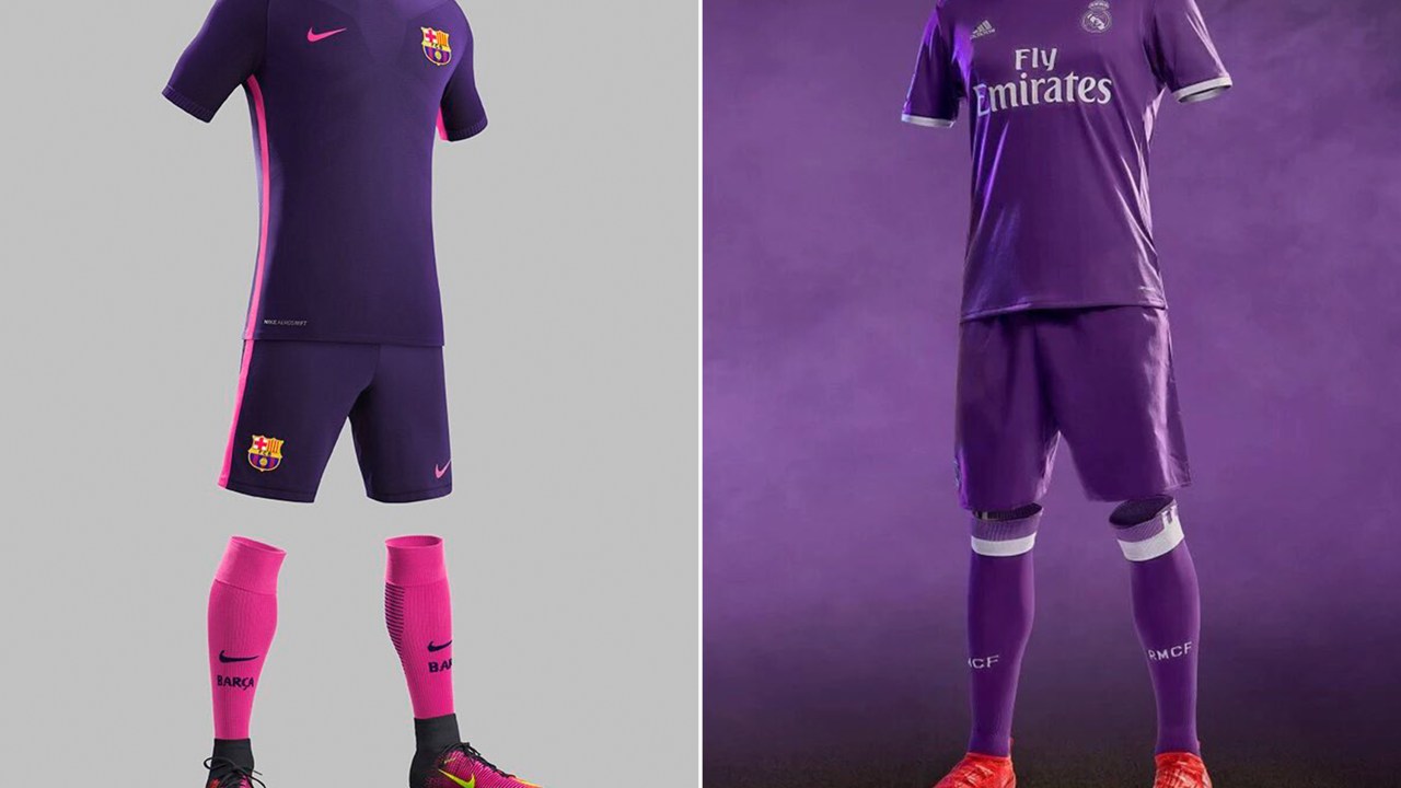 Uniformes roxos de Barcelona e Real Madrid