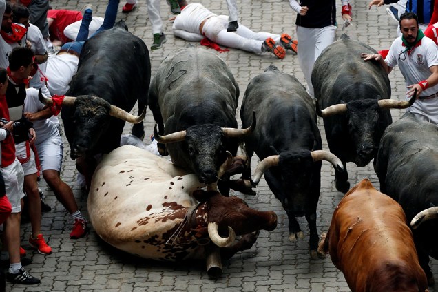 Foliões participam da última corrida de touros do festival de São Firmino em Pamplona, norte da Espanha - 14/07/2016