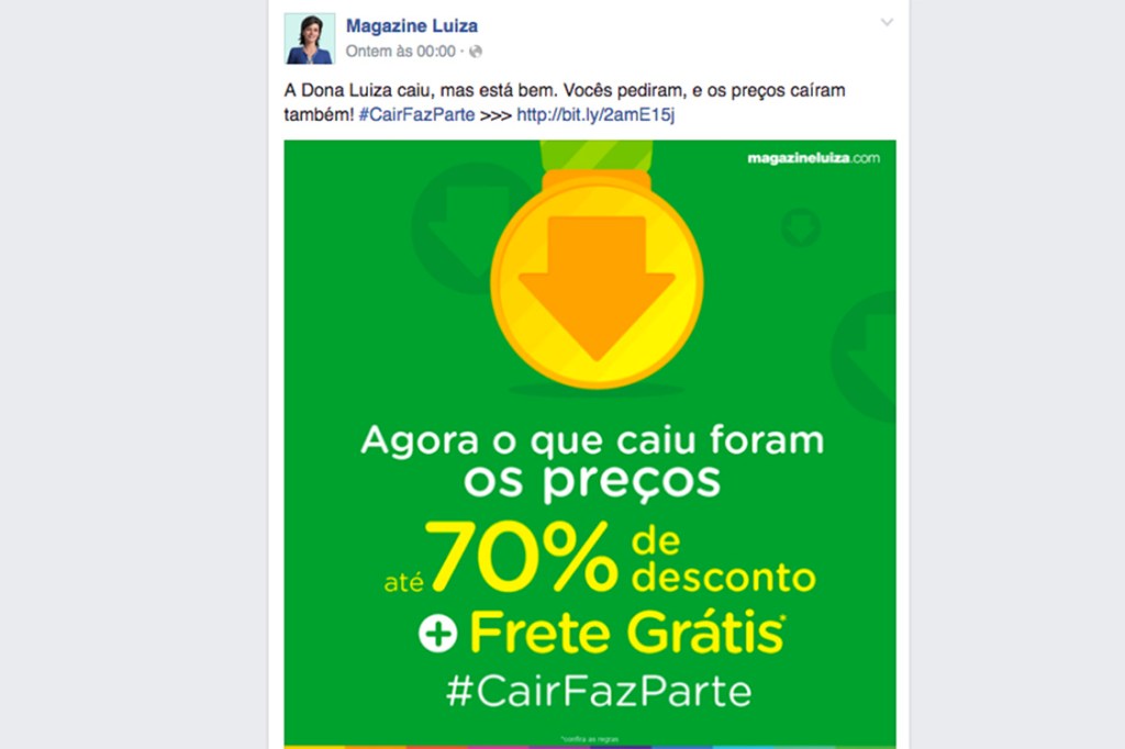 Magazine Luiza brinca com o tombo da empresária e oferece até 70% de desconto em campanha