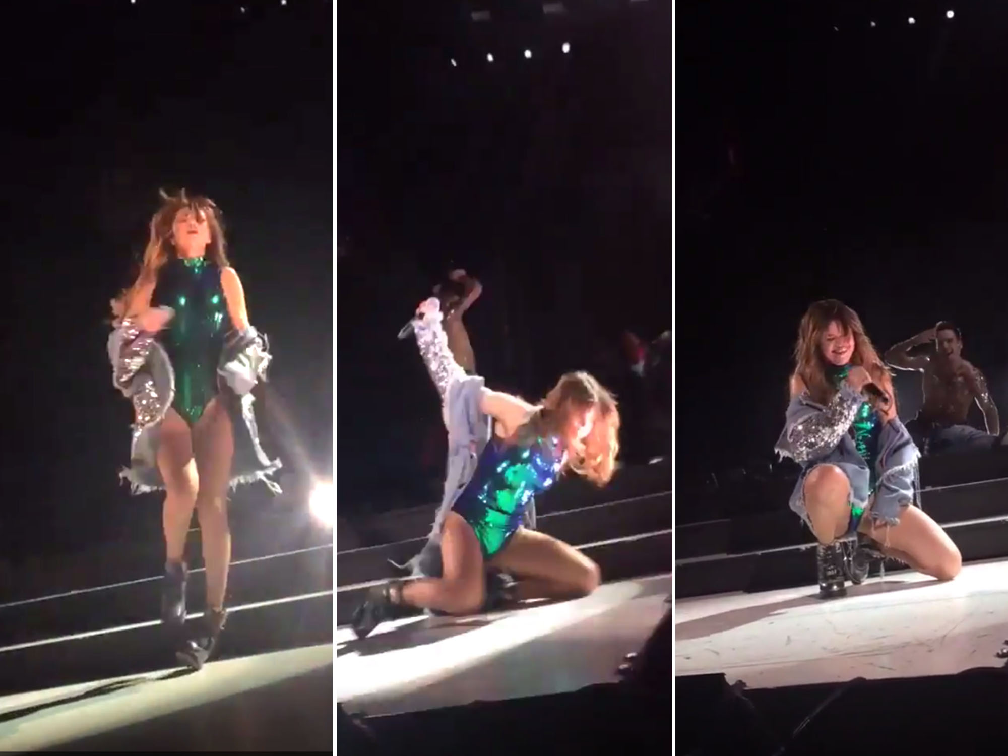 A cantora Selena Gomez cai no palco durante uma apresentação em Oklahoma, nos Estados Unidos
