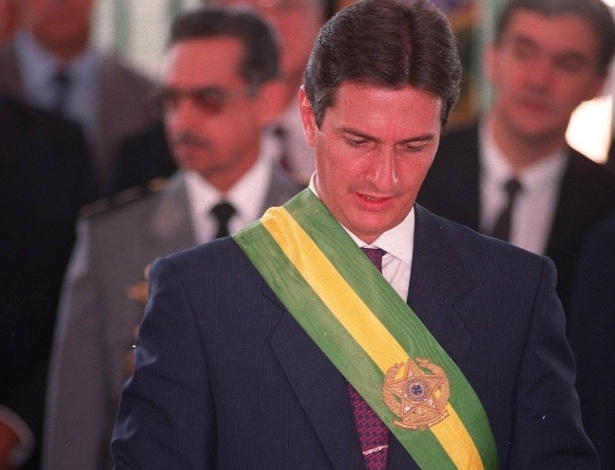 O ex-presidente Fernando Collor com a faixa presidencial na posse, em 1990