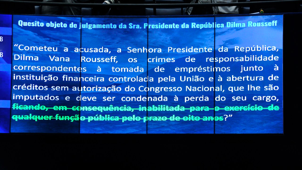 Painel eletrônico exibe quesito objeto de julgamento, durante sessão deliberativa extraordinária para votar a Denúncia 1/2016, que trata do processo de impeachment da presidente afastada Dilma Rousseff por suposto crime de responsabilidade - 31/08/2016