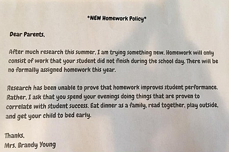 Em carta endereçada aos pais dos alunos, professora do estado americano do Texas deixa de passar lição de casa