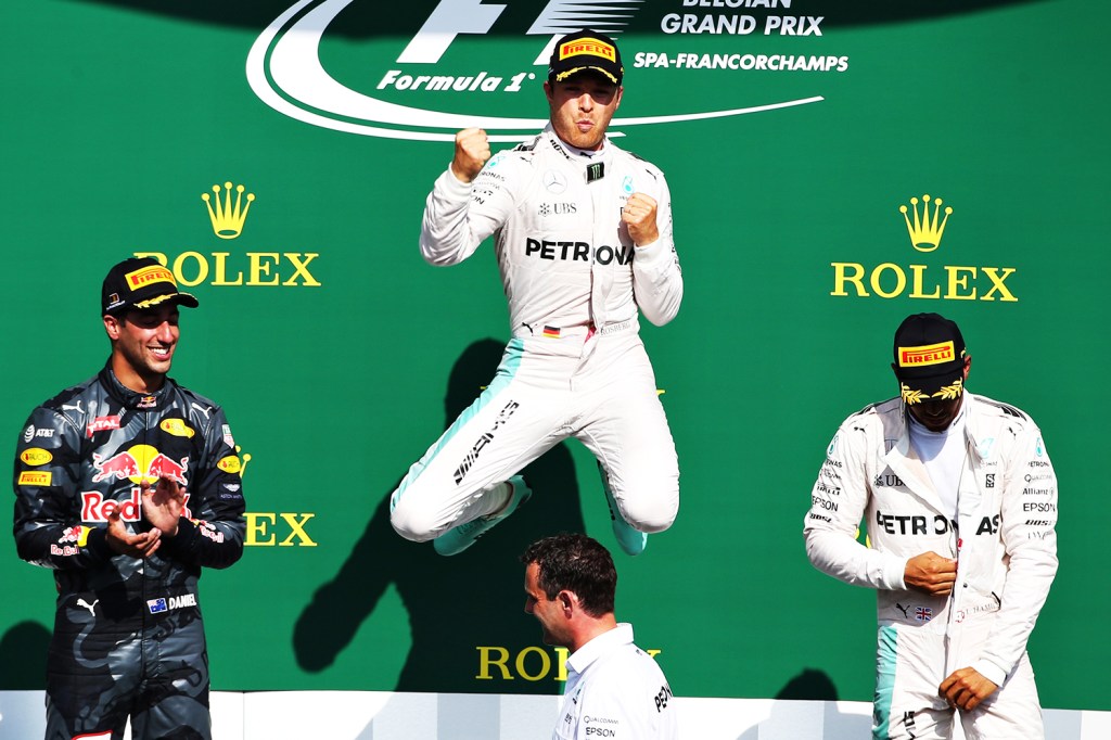 O piloto alemão Nico Rosberg, da equipe Mercedes, comemora após vencer o Grande Prêmio da Bélgica de Fórmula 1, realizado no Circuito de Spa-Francorchamps - 28/08/2016