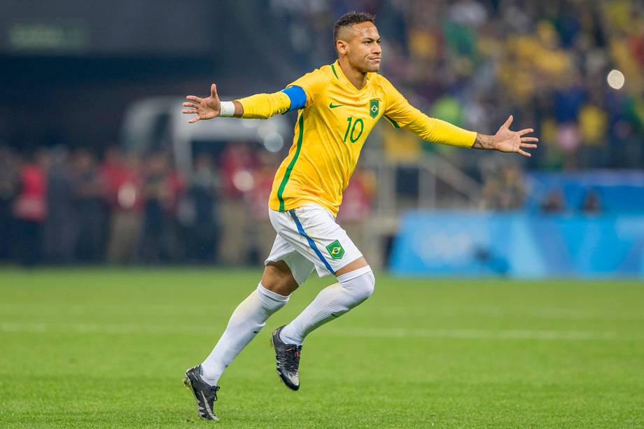 O jogador Neymar, comemora gol durante partida entre Brasil e Colômbia, válida pelas quartas-de-final do futebol masculino, realizada na Arena Corinthians, em Itaquera, zona leste de São Paulo (SP) - 13/08/2016