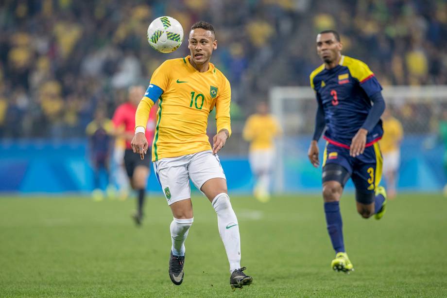 O jogador Neymar durante partida entre Brasil e Colômbia, válida pelas quartas-de-final do futebol masculino, realizada na Arena Corinthians, em Itaquera, zona leste de São Paulo (SP) - 13/08/2016