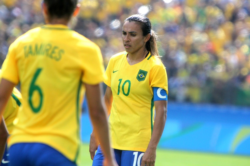 A jogadora Marta, durante partida entre Brasil e Canadá, válida pela disputa da medalha de bronze, realizada na Arena Corinthians, zona leste de São Paulo (SP) - 19/08/2016