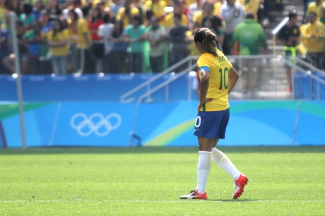 A jogadora Marta, durante partida entre Brasil e Canadá, válida pela disputa da medalha de bronze, realizada na Arena Corinthians, zona leste de São Paulo (SP) - 19/08/2016
