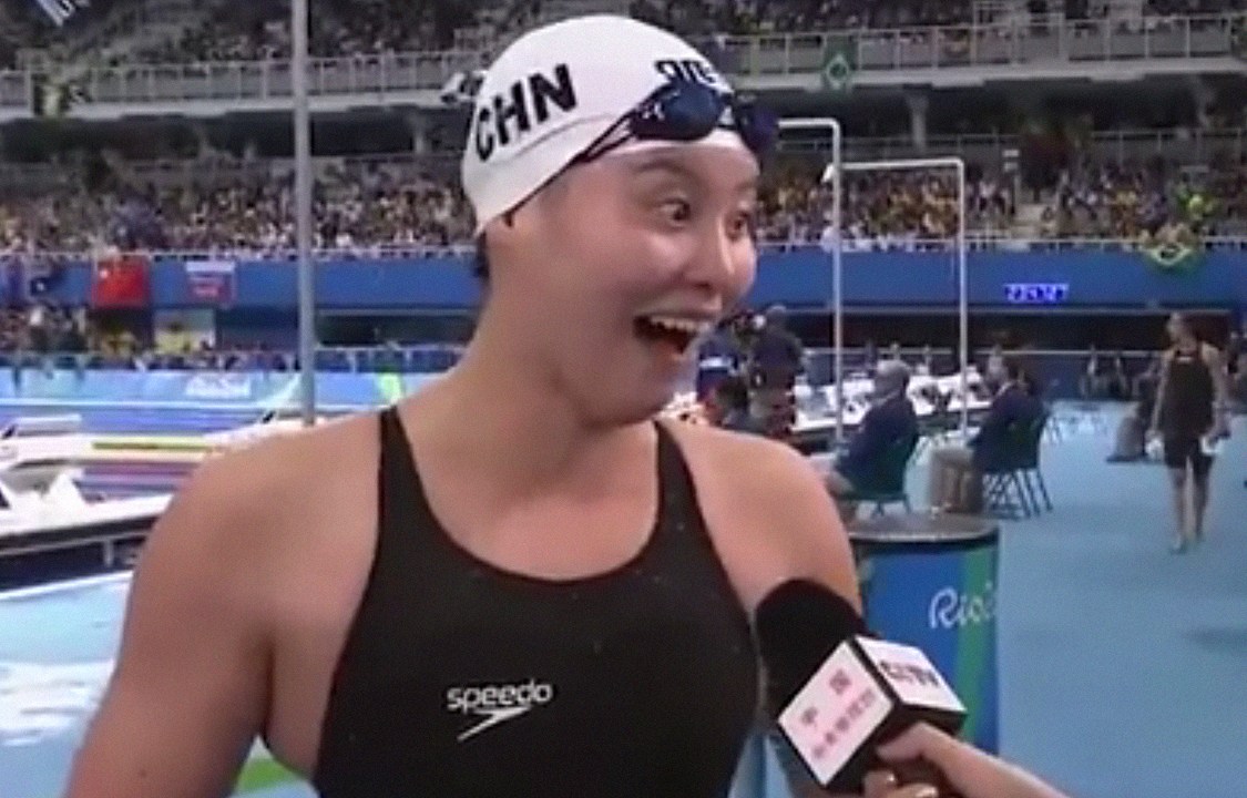 Nadadora chinesa Fu Yuanhui reage ao descobrir os resultados de sua prova