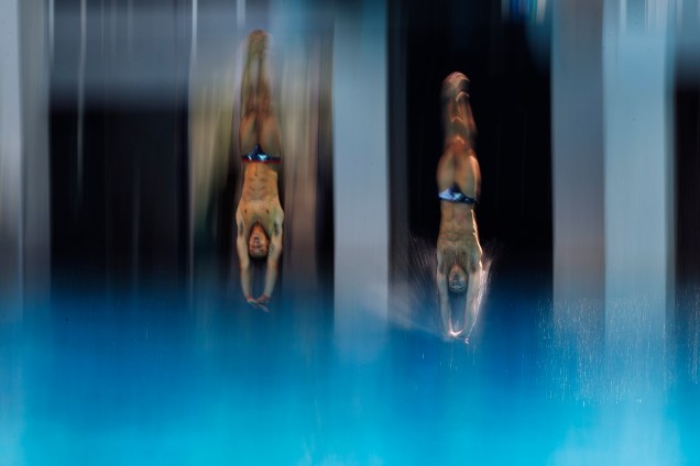 Ingleses Tom Daley e Daniel Goodfellow praticam saltos ornamentais sincronizados no Centro Aquático Maria Lenk, no Rio de Janeiro - 05/08/2016