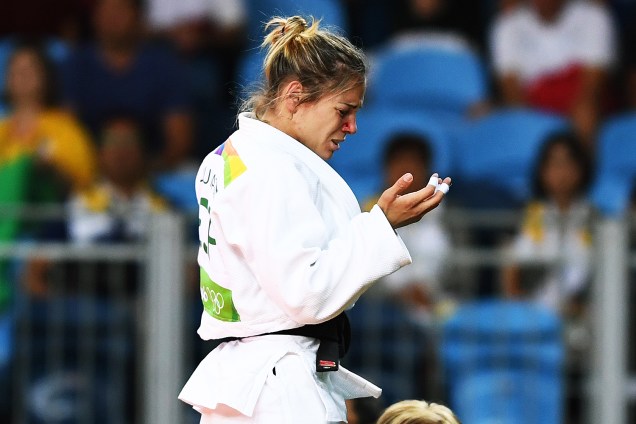 A judoca espanhola Laura Gomez, lamenta derrota contra a romena Andreea Chitu, na Arena Carioca 2 - 07/08/2016