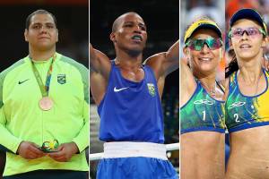 Os atletas Rafael Silva, do judô, Robson Conceição, do boxe, Larissa e Talita, do vôlei