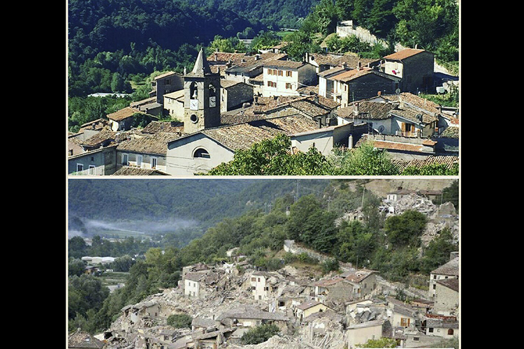 Montagem com imagens de antes e depois do terremoto que atingiu a região central da Itália mundo-terremoto-italia-20160824-09