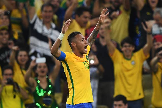 Neymar comemora gol sobre a Alemanha, na final do futebol masculino nas Olimpíadas Rio 2016