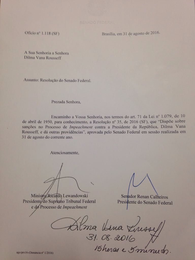 Ofício Dilma Ofício em que Dilma é notificada sobre processo de impeachment