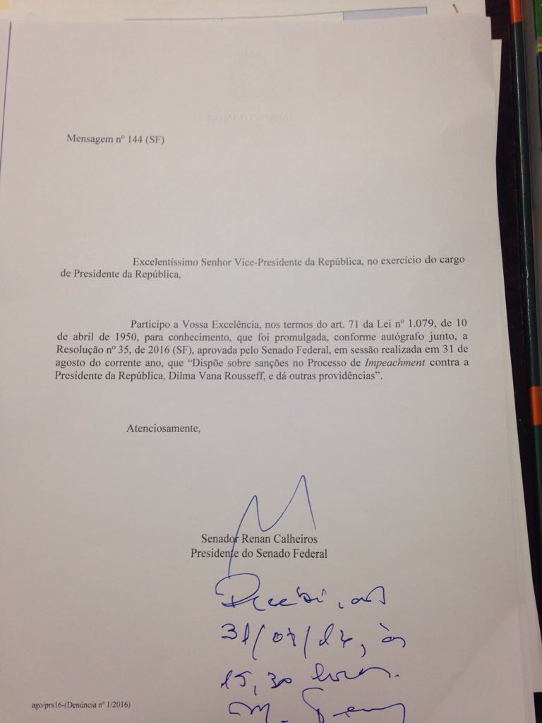 Mensagem do Senado em que Michel Temer é informado do impeachment