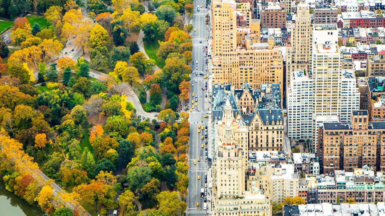 Foto aérea mostra a avenida que divide o Central Park e o resto da cidade de Manhattan