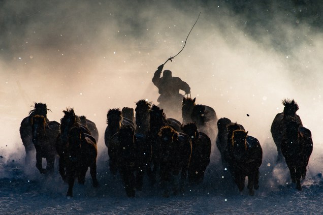 Fotógrafo registra cuidador guiando sua tropa de cavalos em uma fria manhã na Mongólia