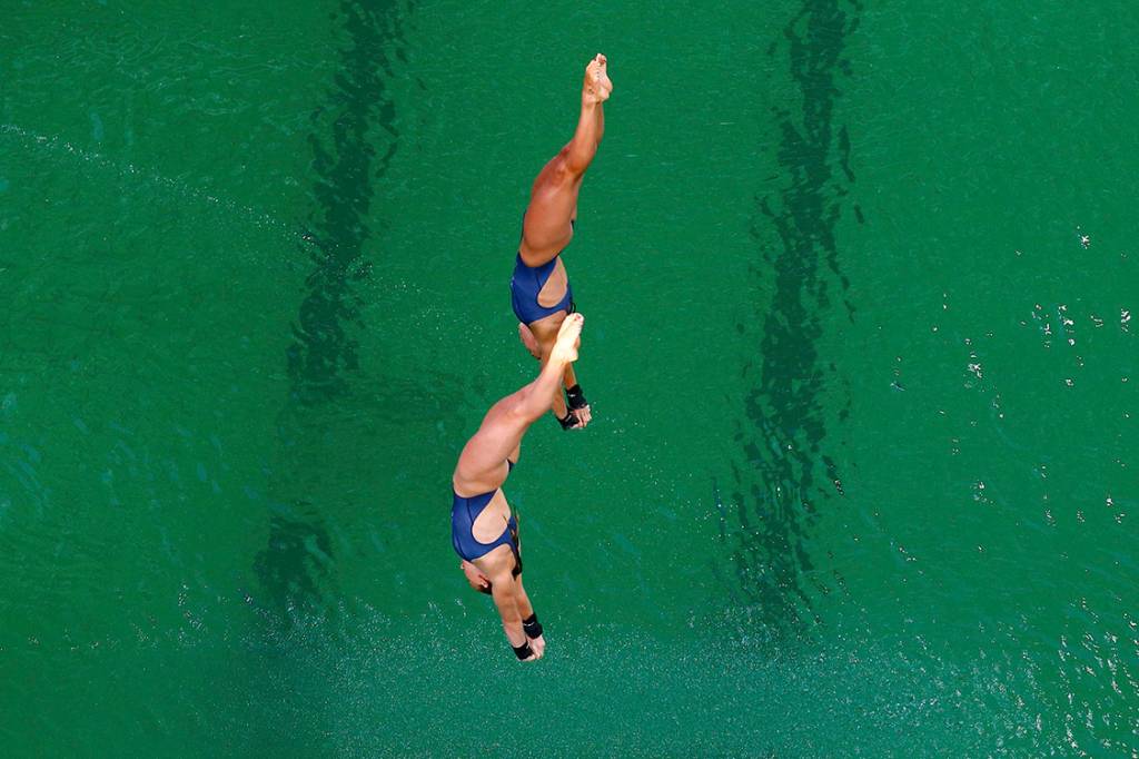 Dupla inglesa de saltos ornamentais sincronizados competem pela Rio 2016 no Centro Aquático Maria Lenk, no Rio de Janeiro