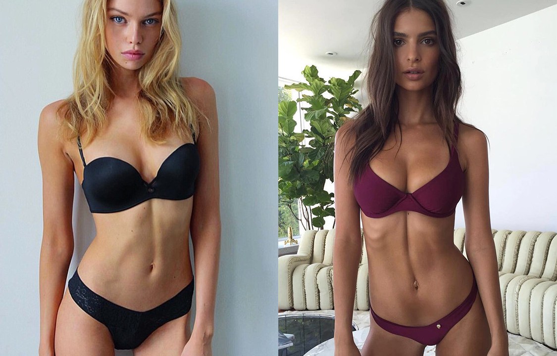 As modelos Stella Maxwell e Emily Ratajkowski exibem seu "ab crack". Esse vinco vertical na barriga é a nova moda fitness disseminada nas redes sociais.